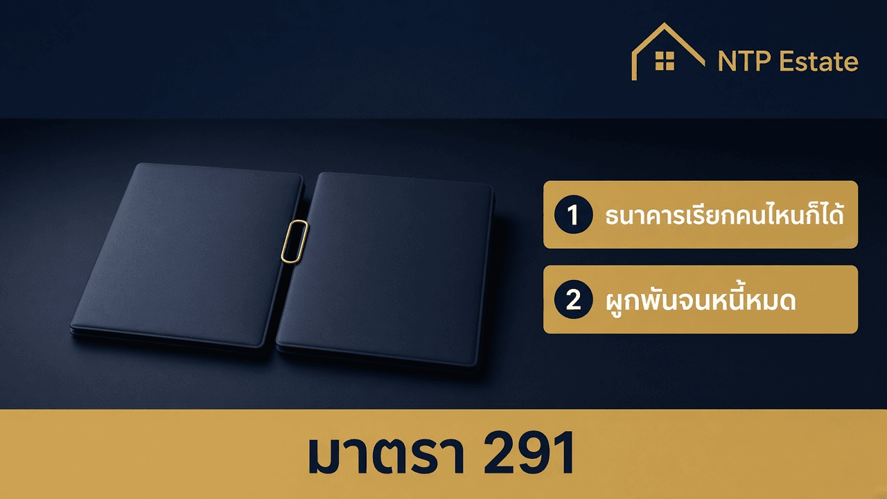 อินโฟกราฟิกมาตรา 291 ธนาคารเรียกคนไหนก็ได้ ผูกพันจนหนี้หมด โดย NTP Estate