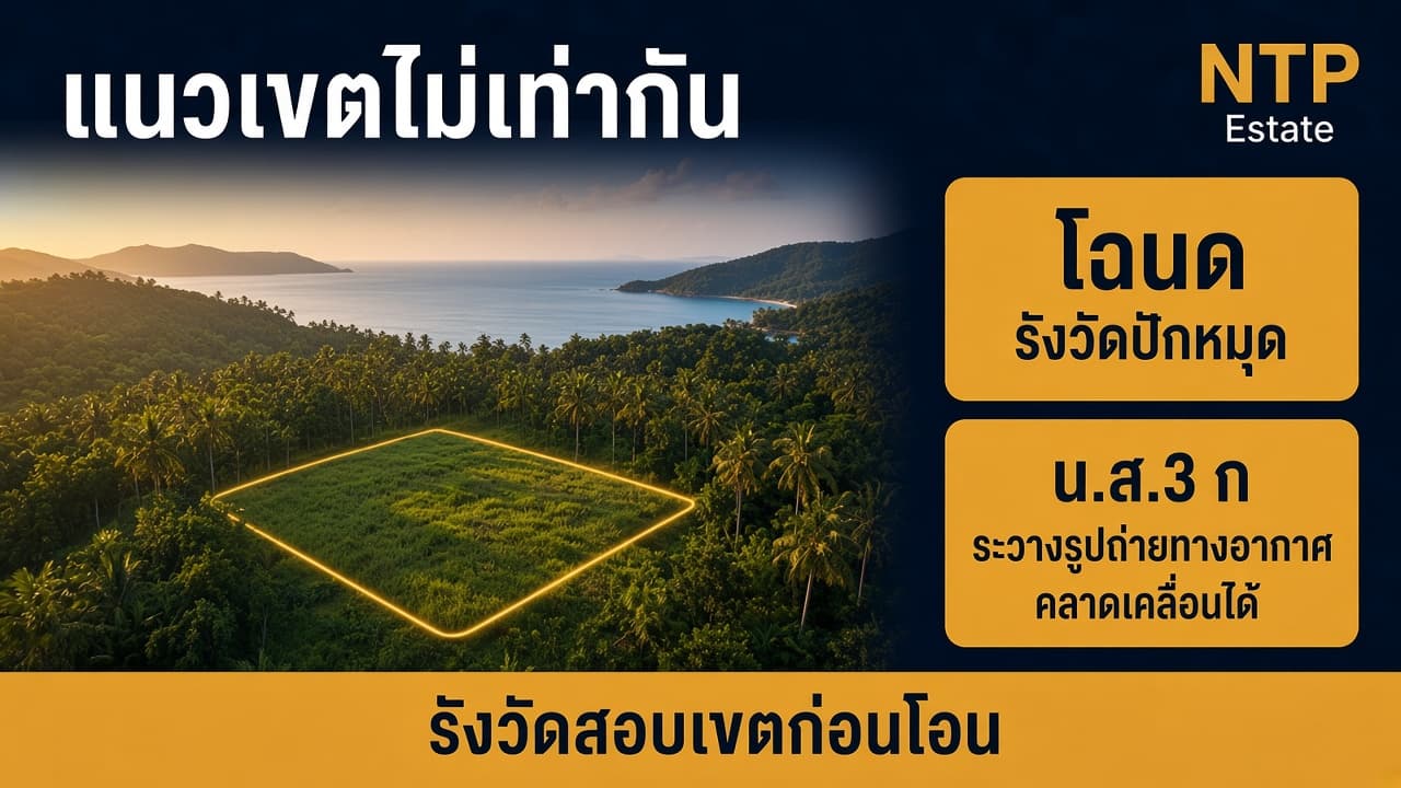 อินโฟกราฟิกแนวเขตโฉนดจากการรังวัดปักหมุดเทียบ น.ส.3 ก จากระวางรูปถ่ายทางอากาศ โดย NTP Estate