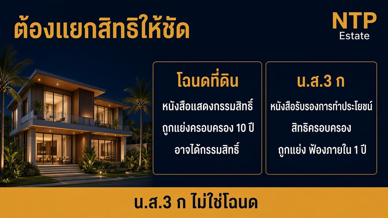 อินโฟกราฟิกเปรียบเทียบกรรมสิทธิ์ของโฉนดกับสิทธิครอบครองของ น.ส.3 ก โดย NTP Estate