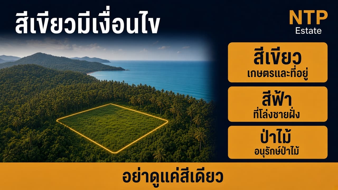 อินโฟกราฟิกข้อจำกัดสีเขียว สีฟ้า และเขตป่าของผังเมืองภูเก็ต โดย NTP Estate