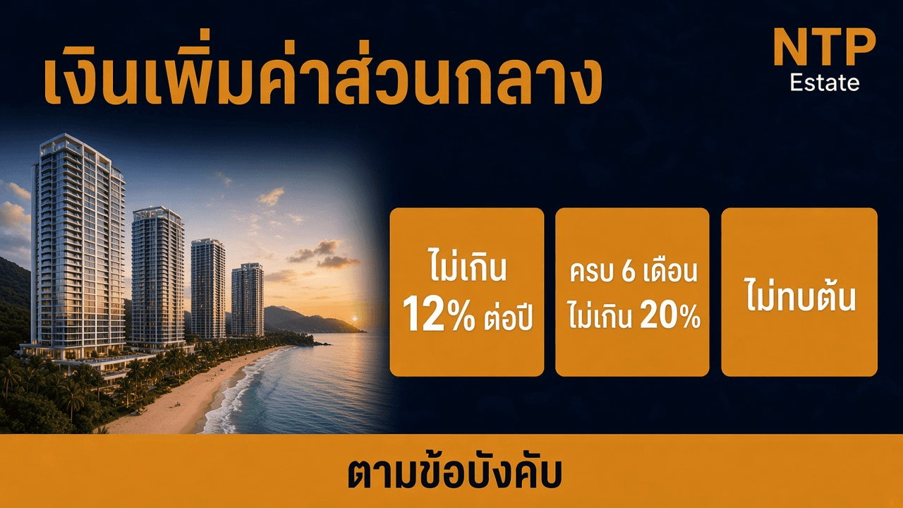 อินโฟกราฟิกเพดานเงินเพิ่มค่าส่วนกลางไม่เกินร้อยละ 12 และร้อยละ 20 ต่อปี โดย NTP Estate