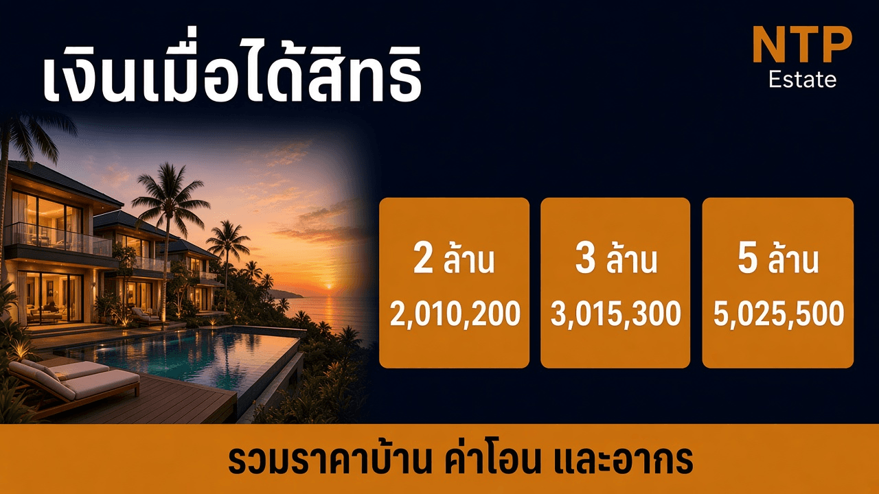 เงินเมื่อได้สิทธิค่าโอน 0.01 เปอร์เซ็นต์ รวมราคาบ้าน ค่าโอน และอากร ของราคา 2 ล้าน 3 ล้าน และ 5 ล้านบาท