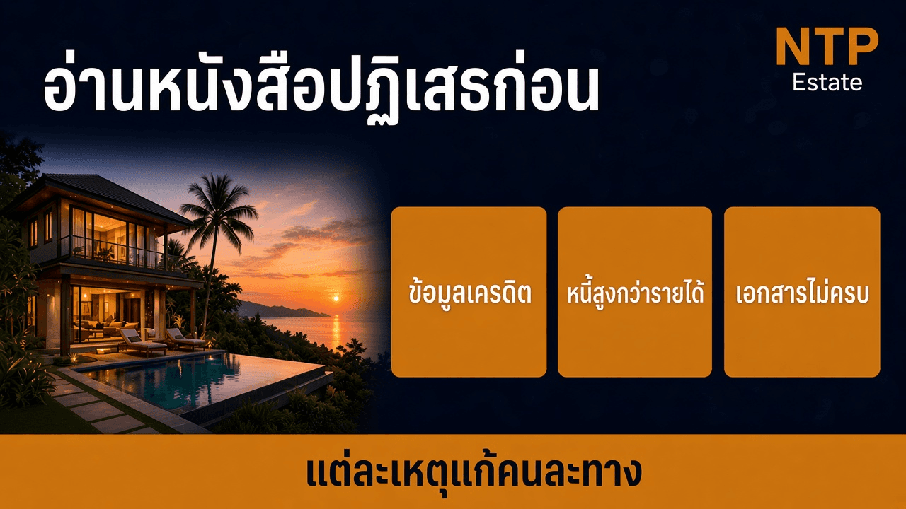 อินโฟกราฟิกอ่านหนังสือปฏิเสธก่อน แยกเหตุข้อมูลเครดิต หนี้สูงกว่ารายได้ และเอกสารไม่ครบ โดย NTP Estate