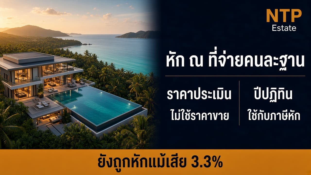 อินโฟกราฟิกภาษีหัก ณ ที่จ่ายจากการขายบ้าน แยกจากภาษีธุรกิจเฉพาะ โดย NTP Estate