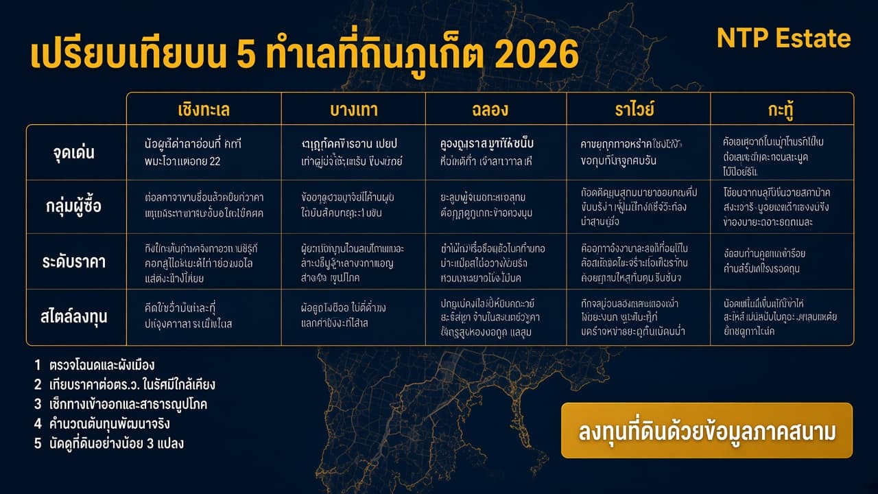 ตารางเปรียบเทียบ 5 ทำเลที่ดินภูเก็ต 2026 และ Checklist ก่อนซื้อ โดย NTP Estate