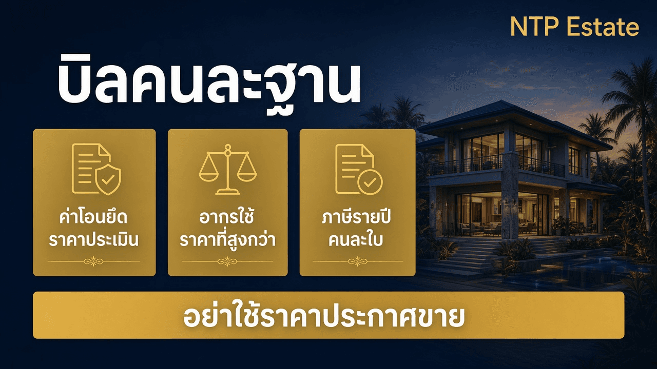 อินโฟกราฟิกค่าโอนยึดราคาประเมิน ส่วนอากรใช้ราคาที่สูงกว่าระหว่างราคาขายกับราคาประเมิน โดย NTP Estate