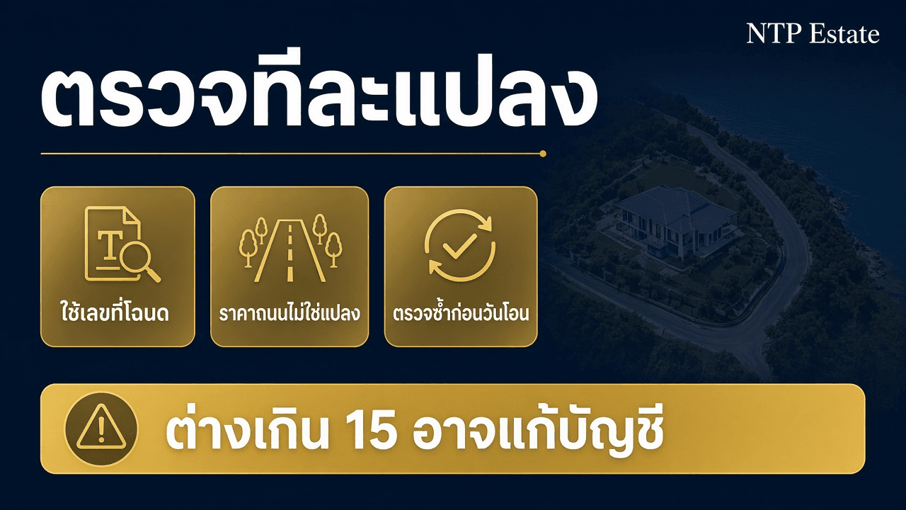 อินโฟกราฟิกตรวจราคาประเมินทีละแปลงจากเลขที่โฉนด ก่อนวันโอน โดย NTP Estate