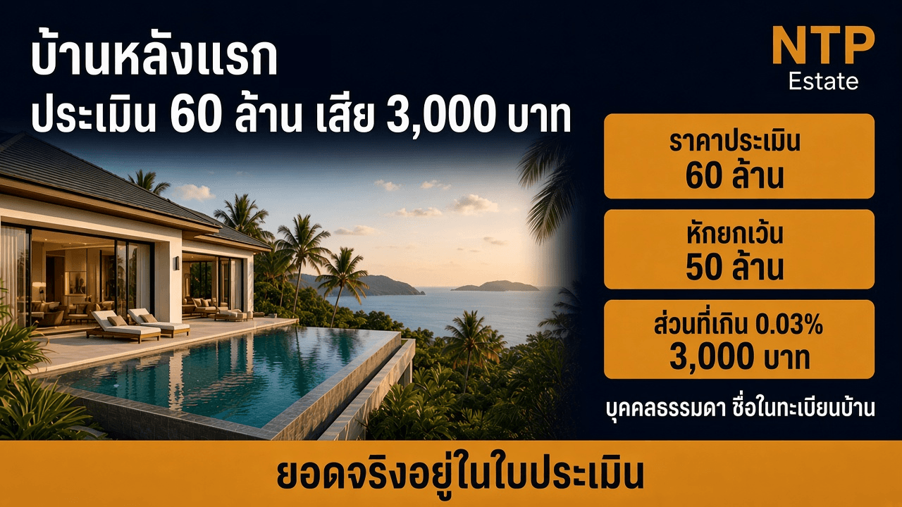อินโฟกราฟิกตัวอย่างภาษีที่ดินบ้านราคาประเมิน 60 ล้าน เหลือ 3,000 บาท โดย NTP Estate