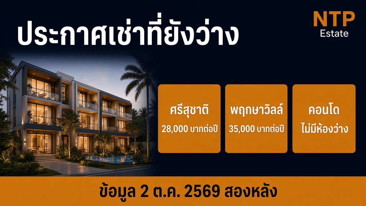 อินโฟกราฟิกประกาศเช่าที่ยังว่าง ศรีสุชาติ 28,000 บาทต่อปี พฤกษาวิลล์ 35,000 บาทต่อปี และไม่มีคอนโดว่าง โดย NTP Estate