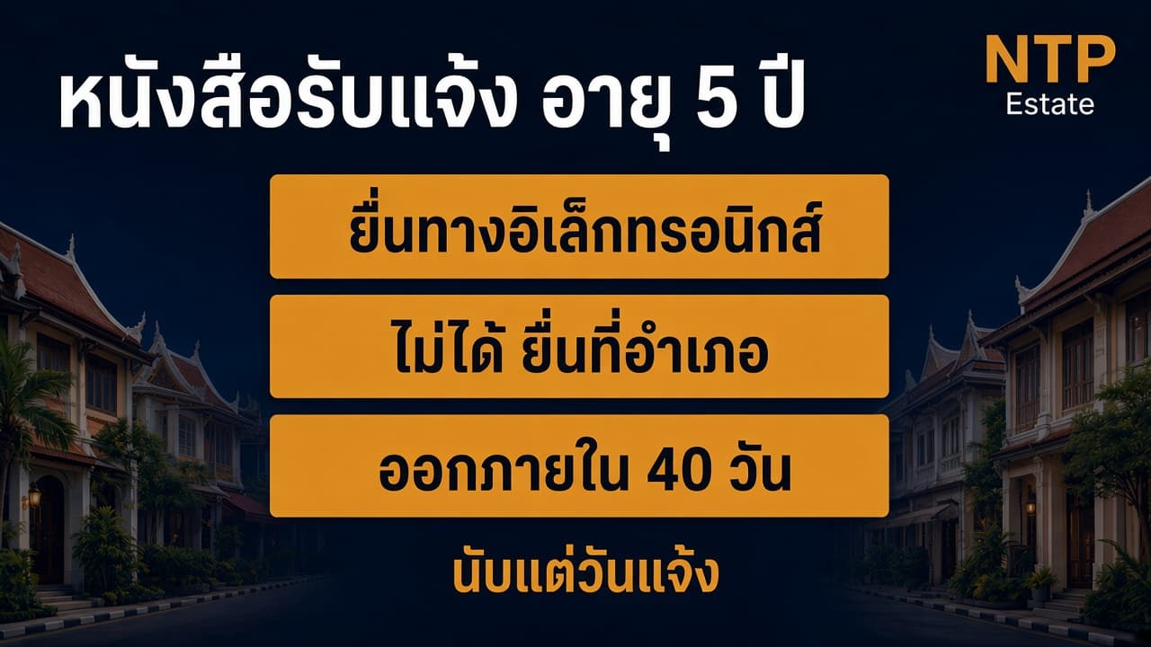 อินโฟกราฟิกช่องทางแจ้งที่พักที่ไม่เป็นโรงแรมและอายุหนังสือรับแจ้ง โดย NTP Estate