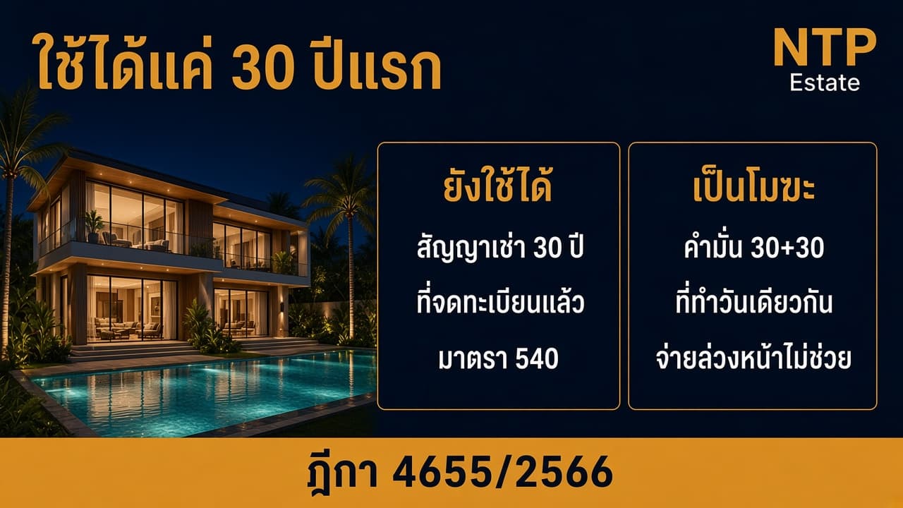 อินโฟกราฟิกมาตรา 540 และฎีกา 4655/2566 เรื่องสัญญาเช่า 30+30+30 ปี โดย NTP Estate