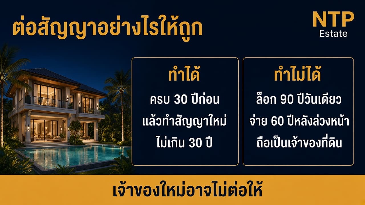 อินโฟกราฟิกวิธีต่อสัญญาเช่าวิลล่าหลังครบ 30 ปี โดย NTP Estate