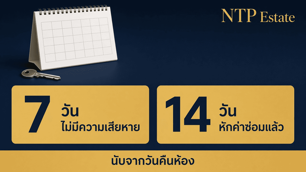 อินโฟกราฟิกคืนเงินประกัน 7 วันเมื่อไม่มีความเสียหาย และ 14 วันหลังหักค่าซ่อม โดย NTP Estate