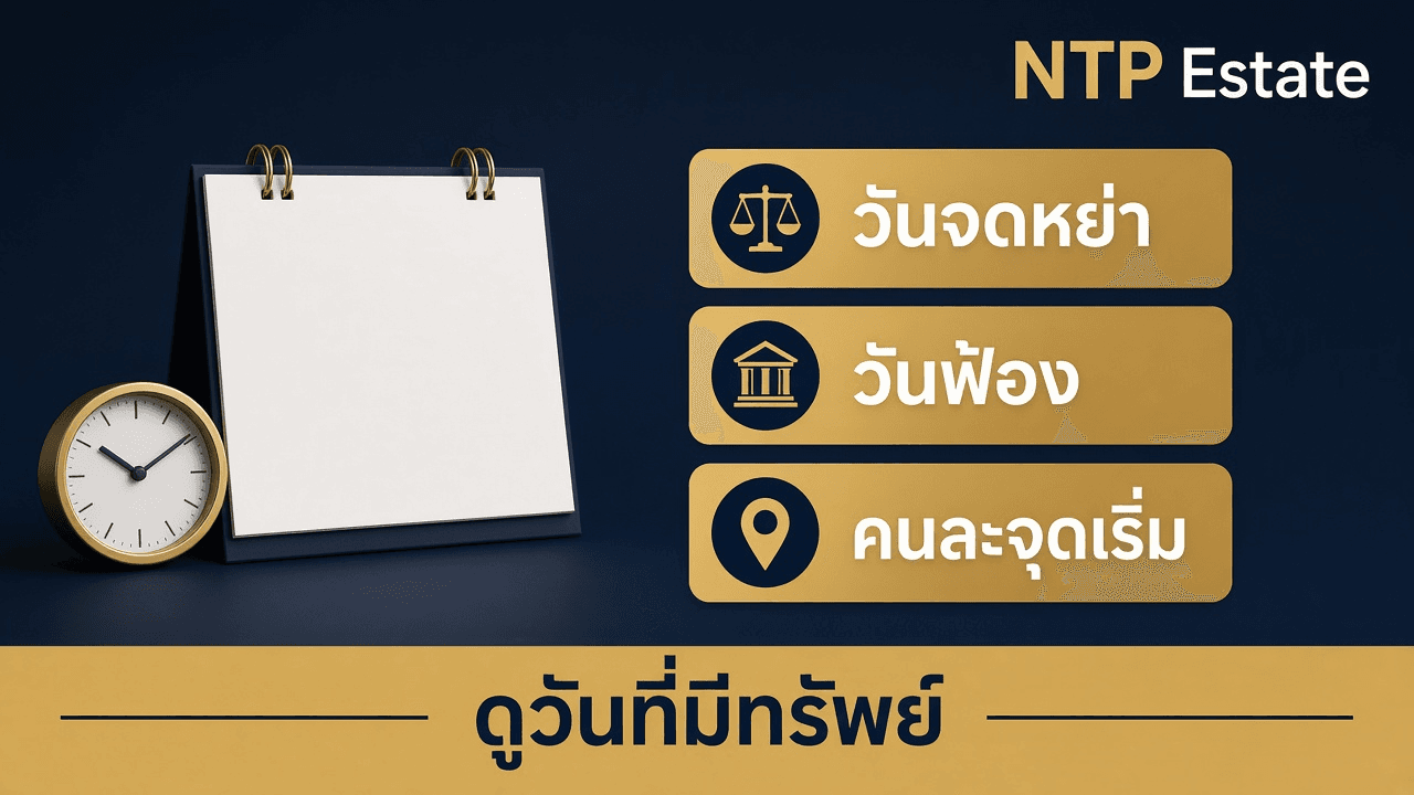 อินโฟกราฟิกวันจดหย่าและวันฟ้องเป็นคนละจุดเริ่มของการแบ่งทรัพย์ โดย NTP Estate