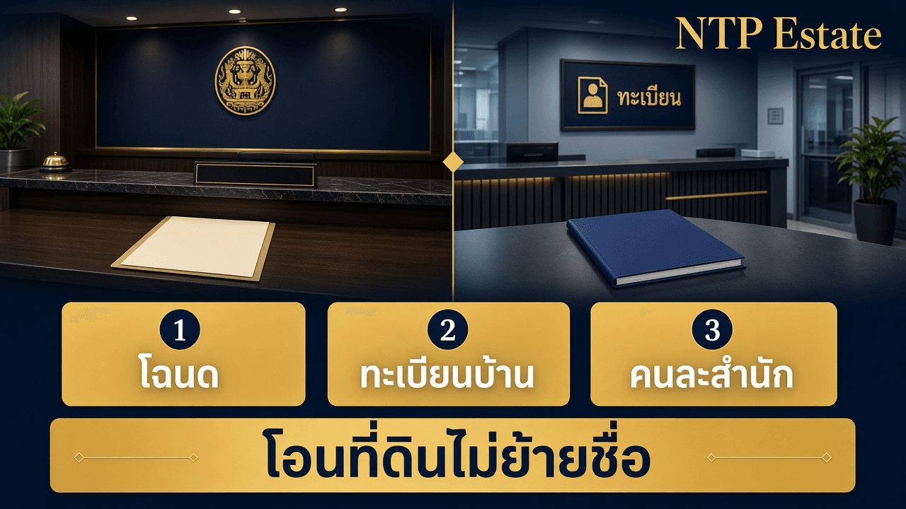 อินโฟกราฟิกโฉนดกับทะเบียนบ้านคนละสำนัก การโอนที่ดินไม่ย้ายชื่อ โดย NTP Estate
