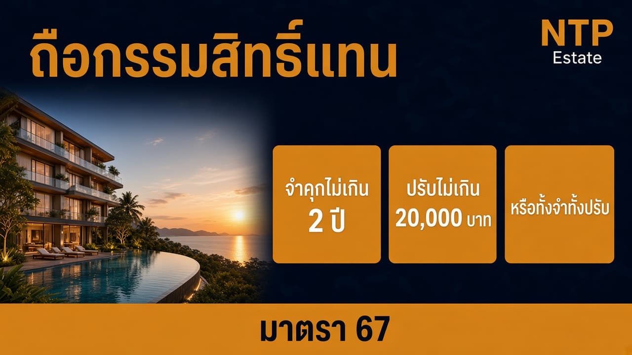 อินโฟกราฟิกความผิดฐานถือกรรมสิทธิ์ห้องชุดแทนคนต่างด้าว ตามมาตรา 67 โดย NTP Estate