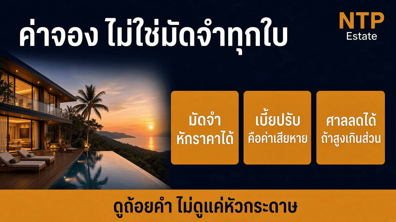 อินโฟกราฟิกแยกค่าจอง มัดจำ และเบี้ยปรับในการซื้อบ้าน โดย NTP Estate