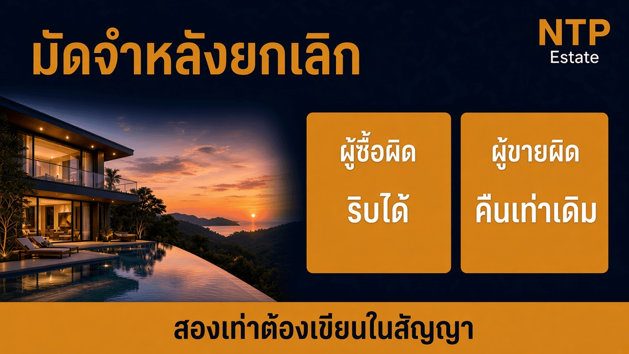 อินโฟกราฟิกเปรียบผลมัดจำเมื่อผู้ซื้อผิด ผู้ขายผิด และเมื่อโอนบ้านสำเร็จ โดย NTP Estate