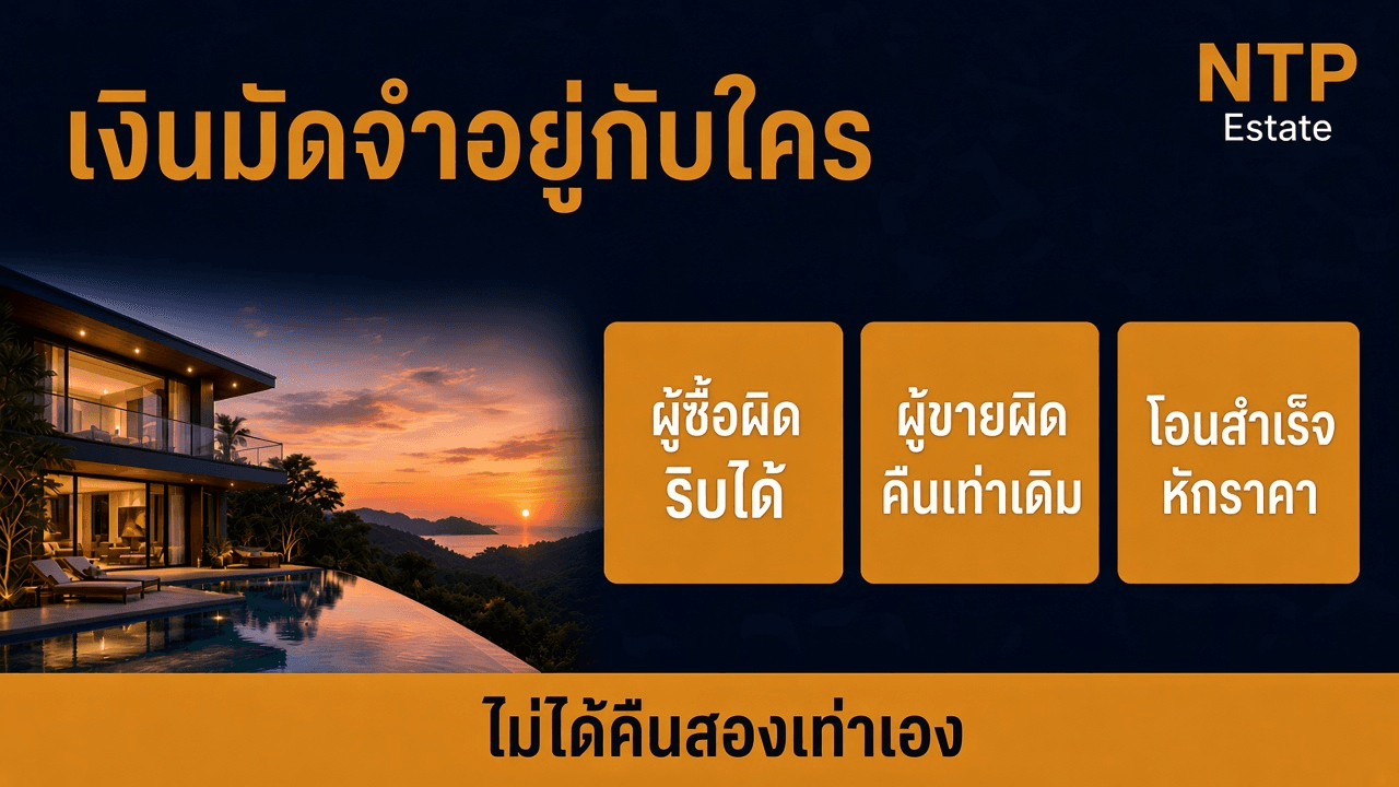 อินโฟกราฟิกผลของมัดจำเมื่อผู้ซื้อผิด ผู้ขายผิด หรือโอนบ้านสำเร็จ โดย NTP Estate