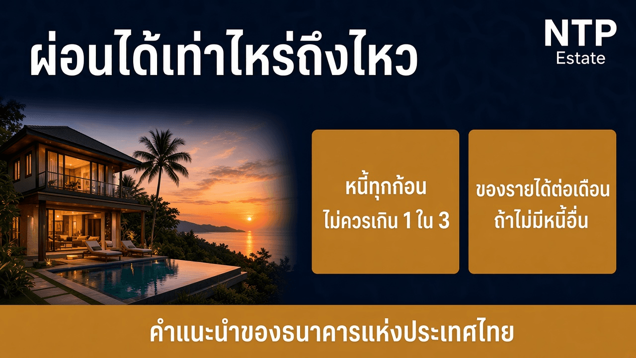 อินโฟกราฟิกภาระผ่อนทุกก้อนไม่ควรเกิน 1 ใน 3 ของรายได้ต่อเดือน โดย NTP Estate