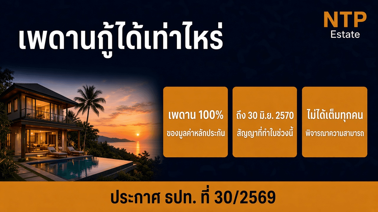 อินโฟกราฟิกเพดานกู้บ้านไม่เกินร้อยละ 100 ของมูลค่าหลักประกันถึงวันที่ 30 มิถุนายน 2570 โดย NTP Estate