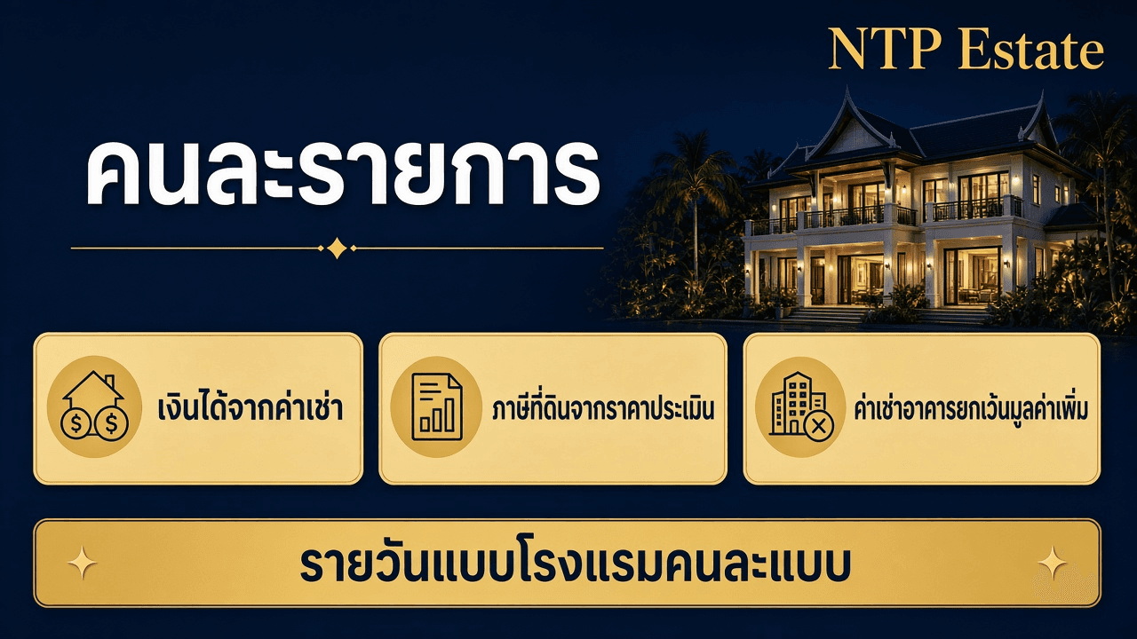 อินโฟกราฟิกแยกภาษีค่าเช่า ภาษีที่ดินจากราคาประเมิน และค่าเช่าอาคารที่ยกเว้นภาษีมูลค่าเพิ่ม