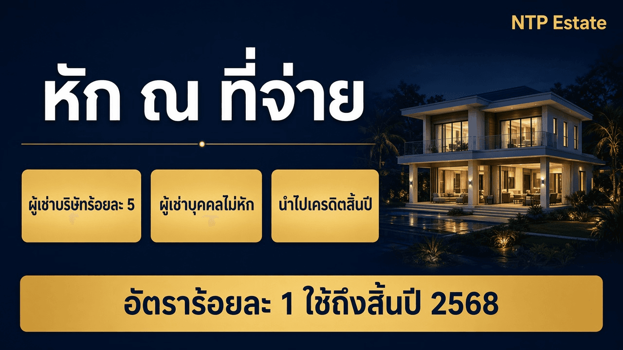 อินโฟกราฟิกหัก ณ ที่จ่ายค่าเช่า ผู้เช่าบริษัทร้อยละ 5 ผู้เช่าบุคคลไม่หัก และนำไปเครดิตสิ้นปี