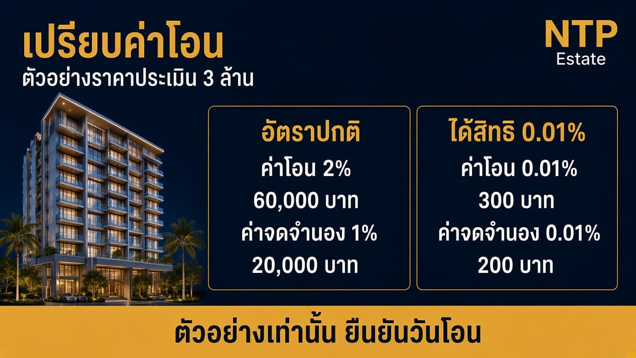 อินโฟกราฟิกเปรียบค่าโอน 2% กับ 0.01% ตัวอย่างราคาประเมิน 3 ล้าน โดย NTP Estate