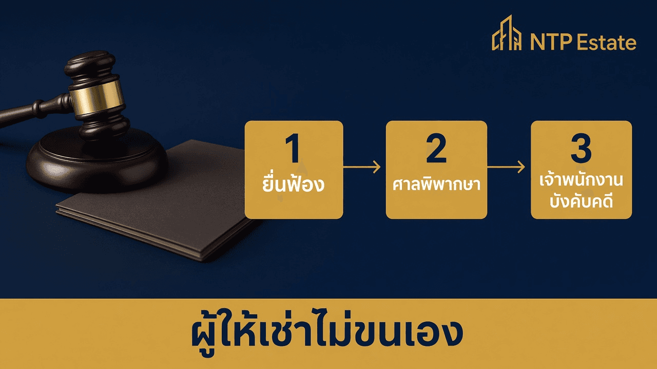 อินโฟกราฟิกยื่นฟ้อง ศาลพิพากษา เจ้าพนักงานบังคับคดี ผู้ให้เช่าไม่ขนเอง โดย NTP Estate